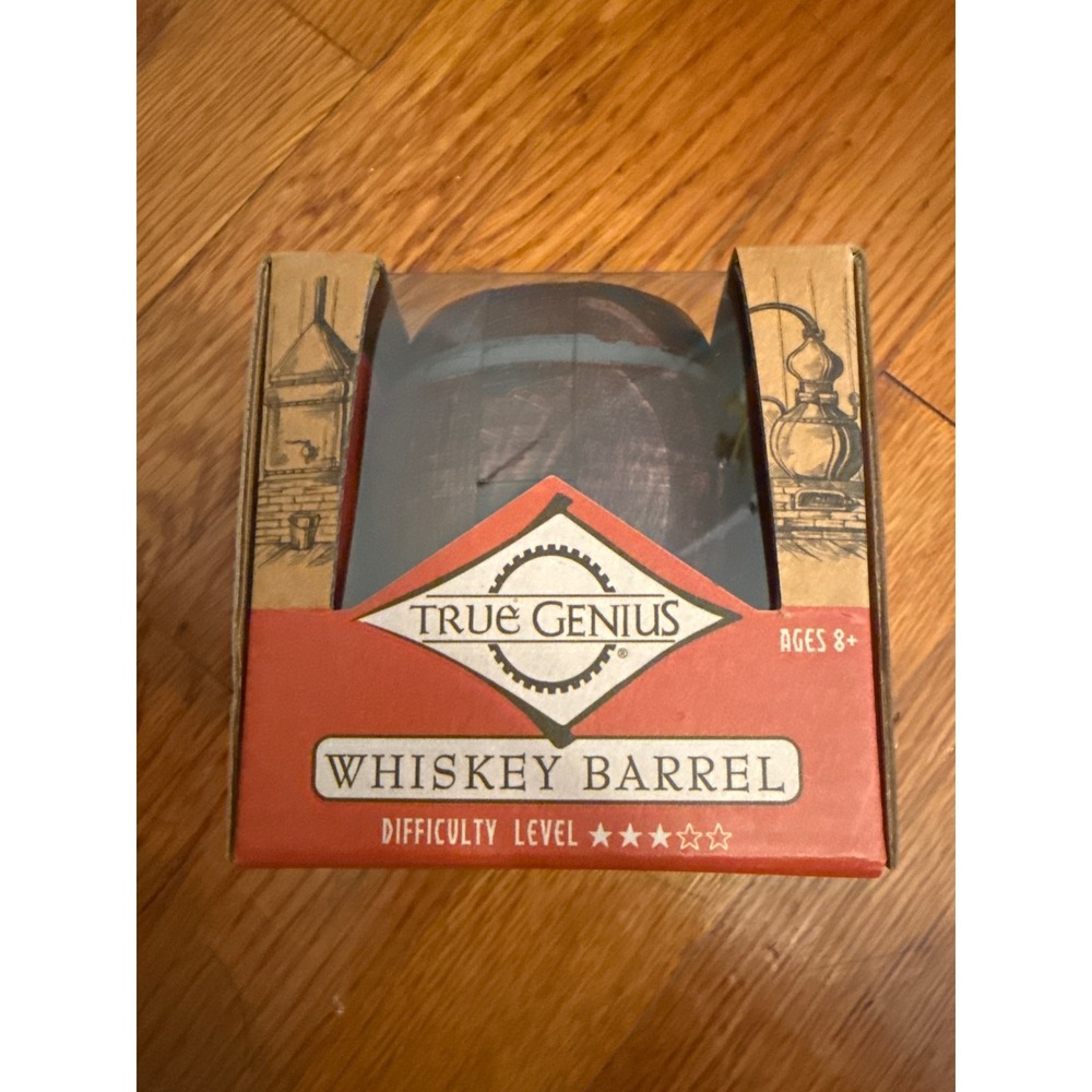 True Genius Whiskey Barrel Wooden Brainteaser Puzzle Dark Brown Wood Ages 8+